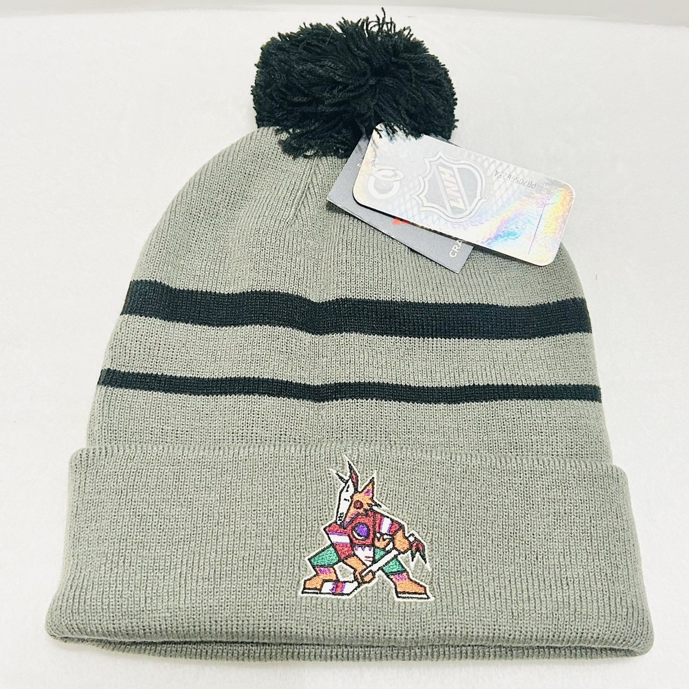 Fanatics Arizona Coyotes Striped Beanie Hat Cap Pom Cuffed Gray NHL Hockey